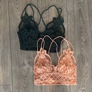 Free People- Lace Bralette Set (2) in emerald green and peach